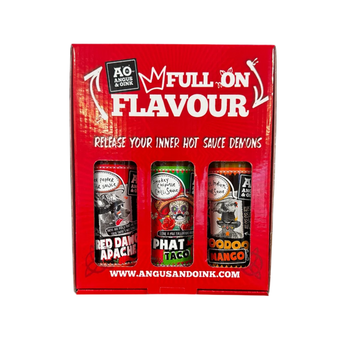 Angus & Oink Hot Sauce Gift Box with three hot sauces
