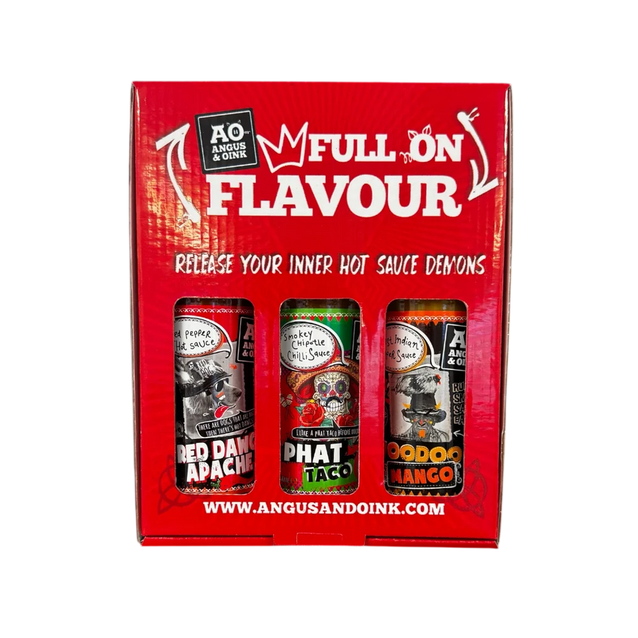 Angus & Oink Hot Sauce Gift Box with three hot sauces