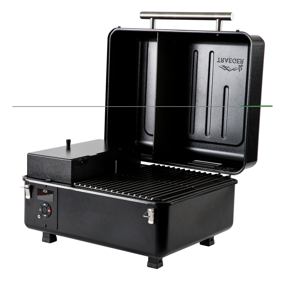 Traeger Ranger portable pellet grill with the lid open