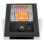 Napoleon 10 inch infrared side burner in matte black, lit, with the grid raised