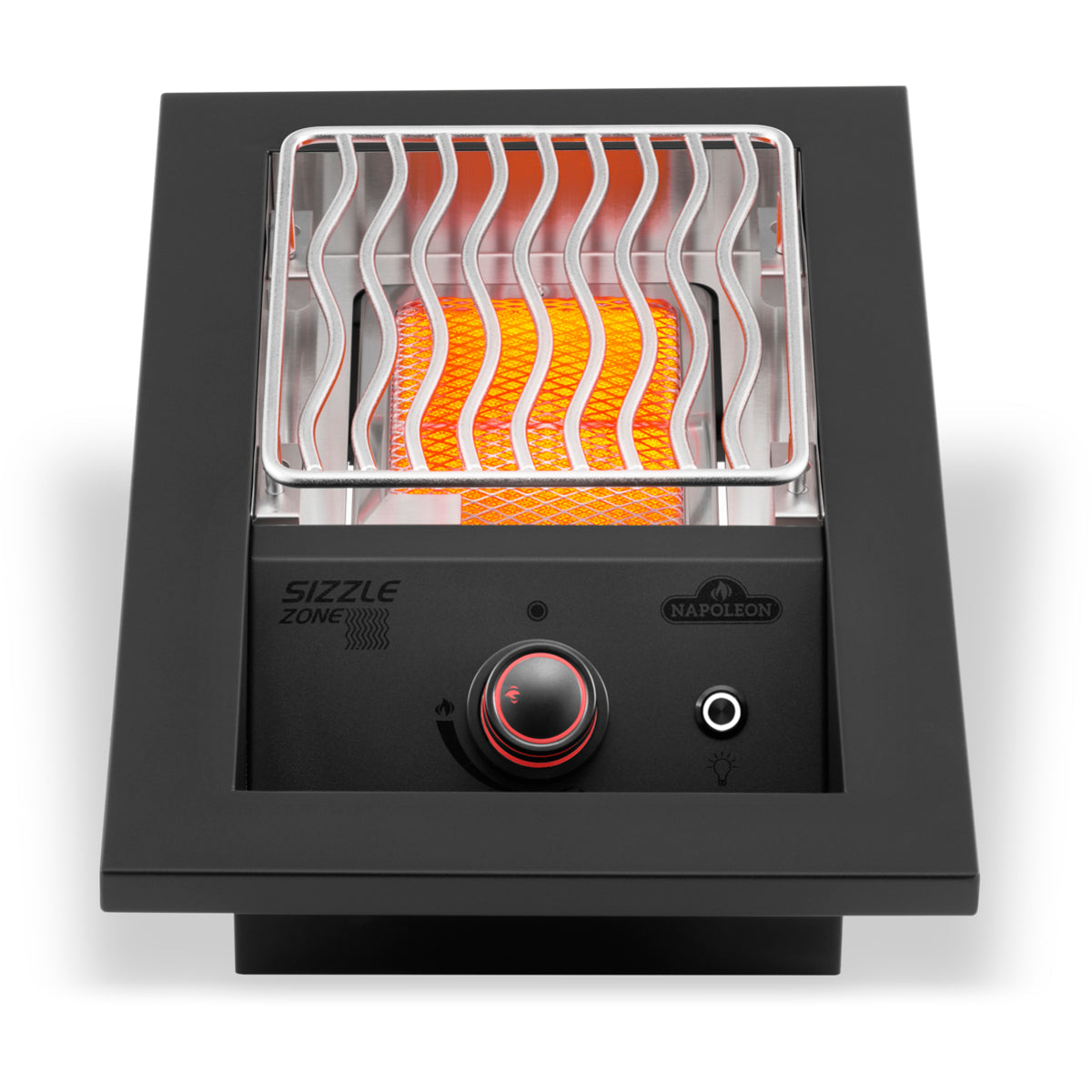 Napoleon 10 inch infrared side burner in matte black, lit, with the grid raised
