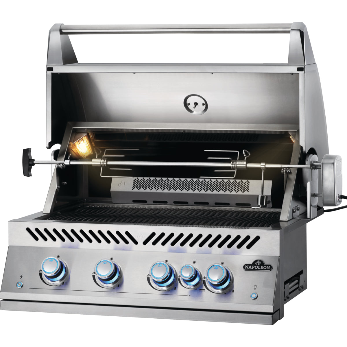 Napoleon 700 Series 32 built-in grill with the lid open, rotisserie and interior lights