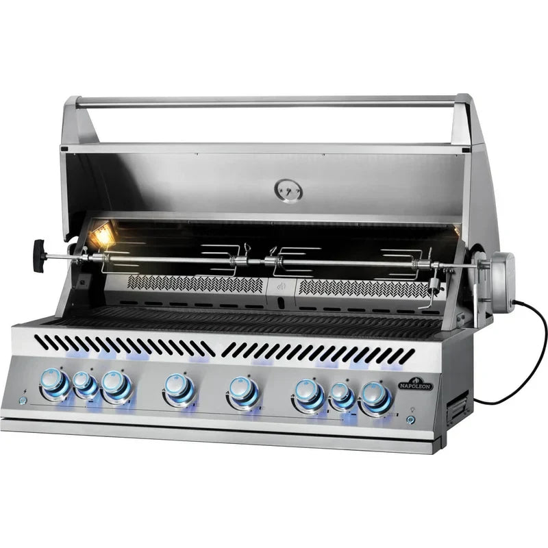 Napoleon 700 Series 44 built-in grill with the lid open, two rotisseries and interior lights