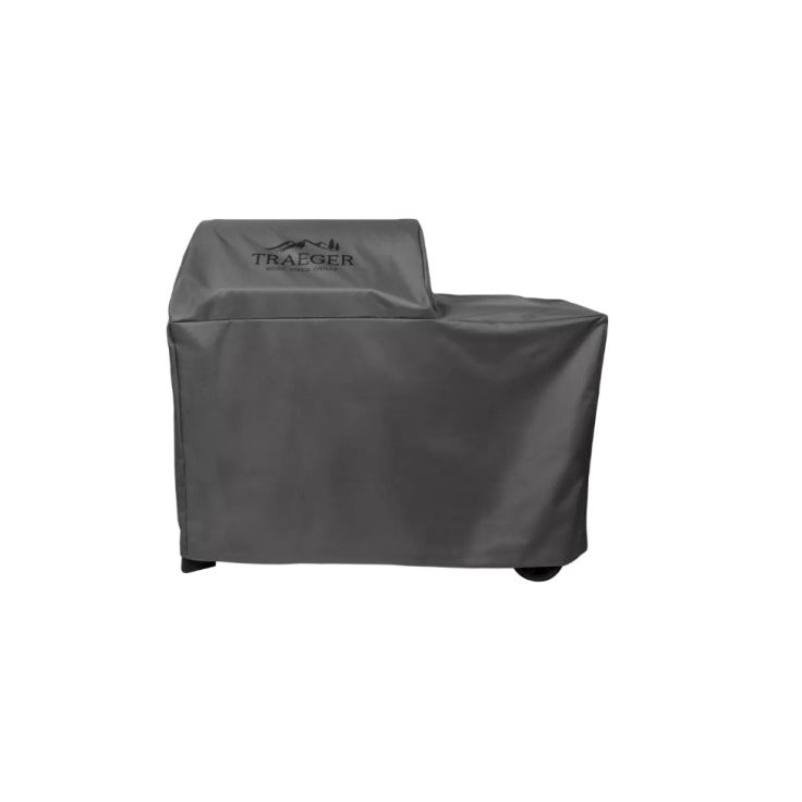 Traeger Woodridge grill cover fitted over the grill