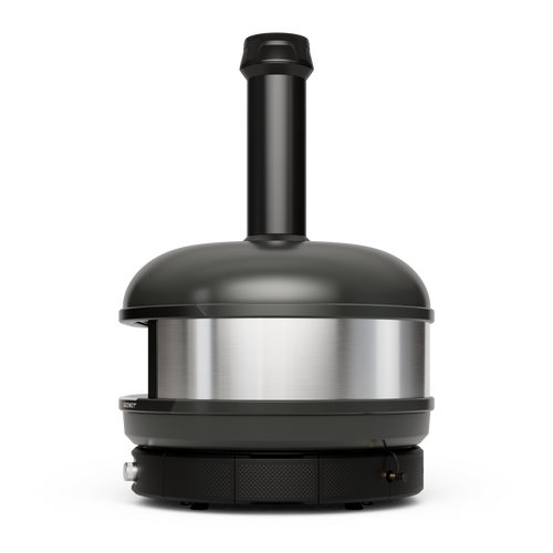 Gozney Dome (Gen 2) in Off Black, side view showing the stainless steel band and flue