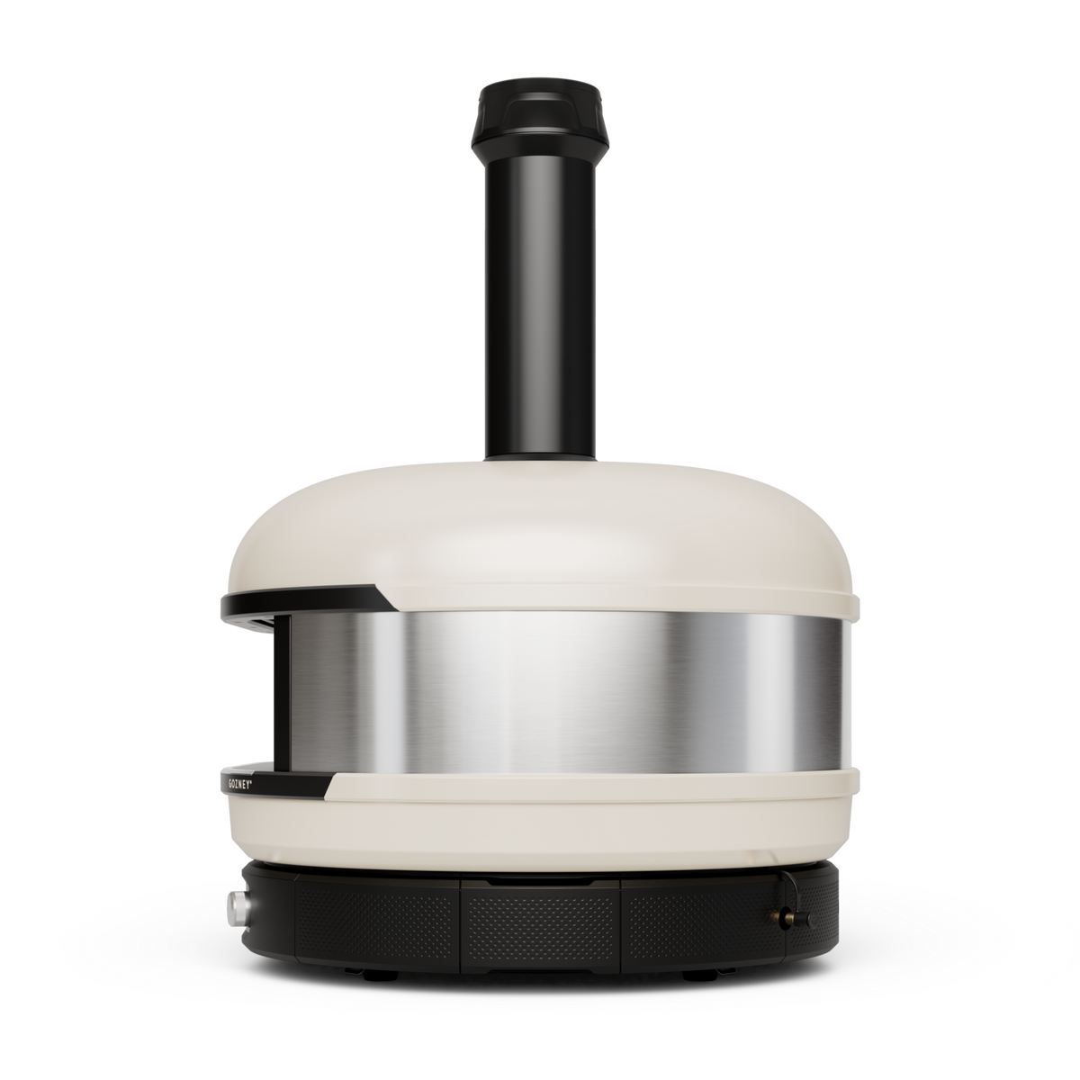 Gozney Dome XL (Gen 2) in Bone, side view showing the stainless steel band and flue