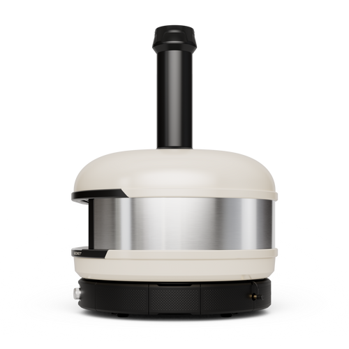 Gozney Dome XL (Gen 2) in Bone, side view showing the stainless steel band and flue