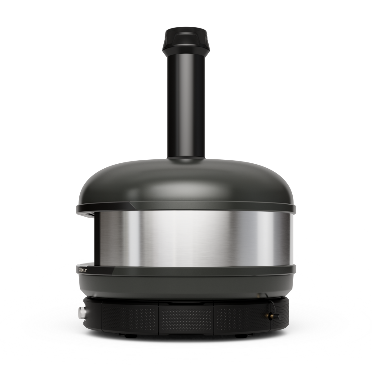 Gozney Dome XL (Gen 2) in Off Black, side view showing the stainless steel band and flue
