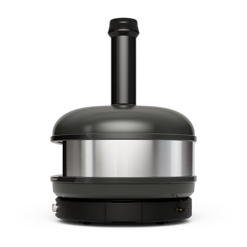 Gozney Dome XL (Gen 2) in Off Black, side view showing the stainless steel band and flue