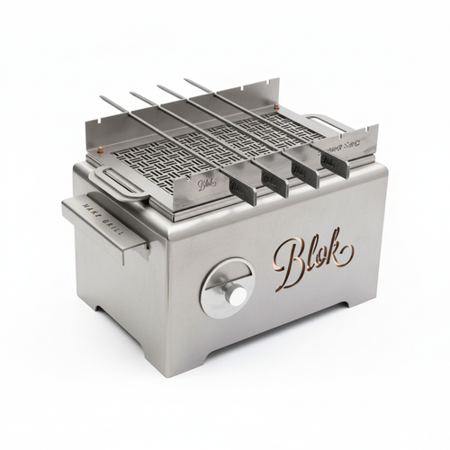 Blok HAKO table grill in stainless steel with skewers