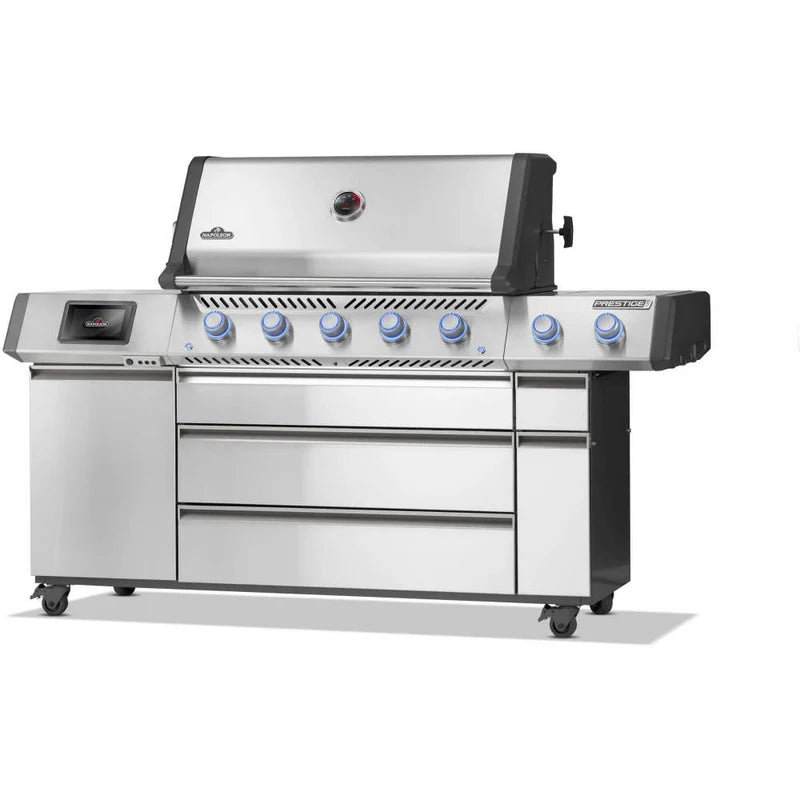 Napoleon Prestige PRO665 Elite Smart gas BBQ in stainless steel, angled view