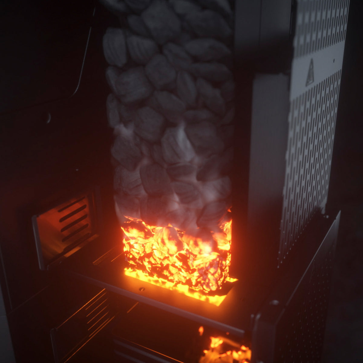 Charcoal burning in the Masterbuilt Gravity Series 800 gravity-fed hopper