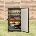 Masterbuilt 40 inch electric smoker open and full of food in a garden