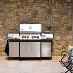 Napoleon Prestige 500 with the stainless steel storage carts on a patio
