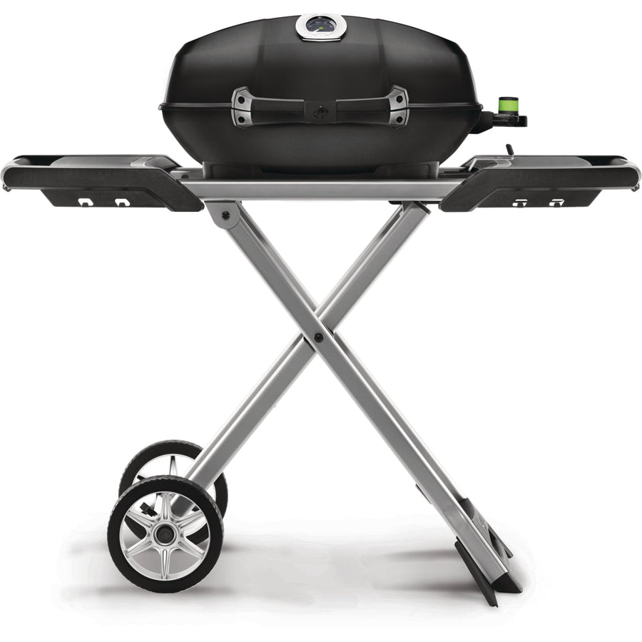 Napoleon TravelQ PRO285EX electric grill on its folding scissor stand with side shelves, front view