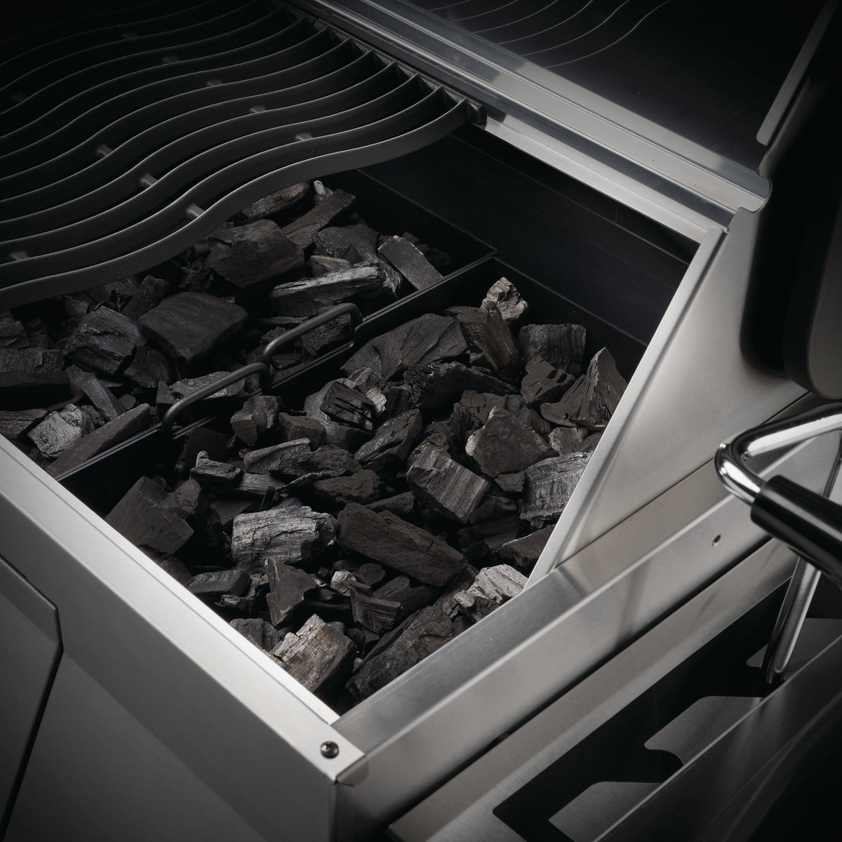 Charcoal tray filled with unlit charcoal in the Napoleon Professional 605