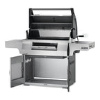 Napoleon Professional 605 charcoal BBQ with lid, cabinet doors and charcoal door open, angled view