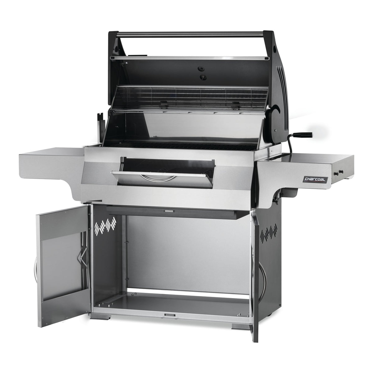 Napoleon Professional 605 charcoal BBQ with lid, cabinet doors and charcoal door open, angled view