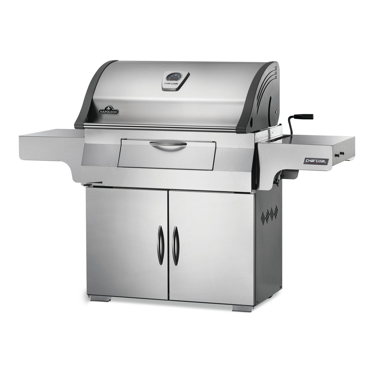 Napoleon Professional 605 charcoal BBQ in stainless steel, angled view