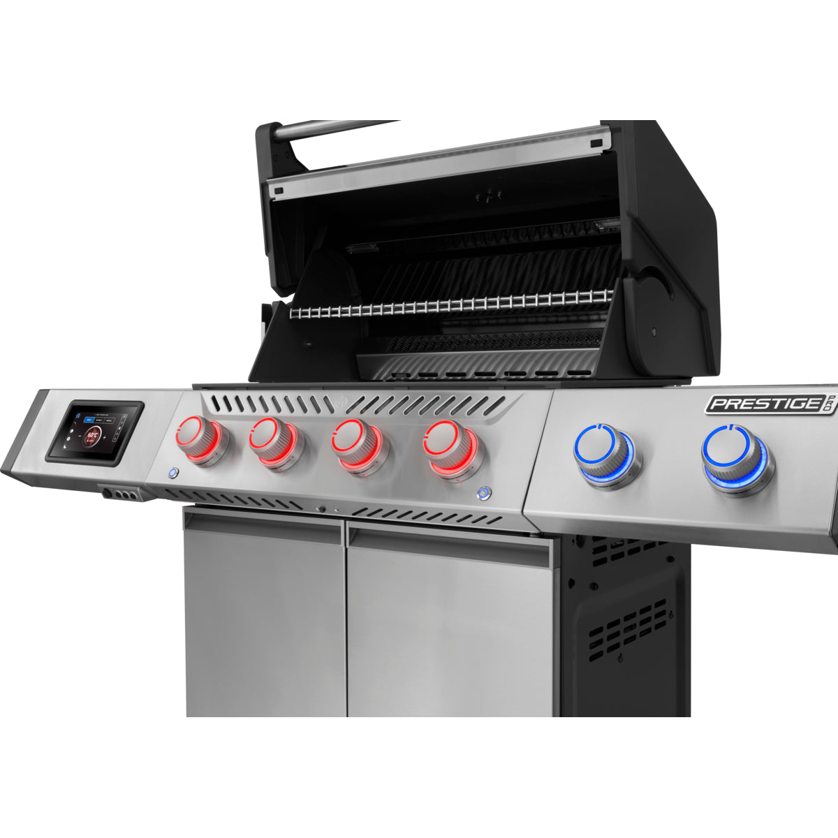 Napoleon Prestige PRO 500 Connected with red-lit knobs, angled close-up
