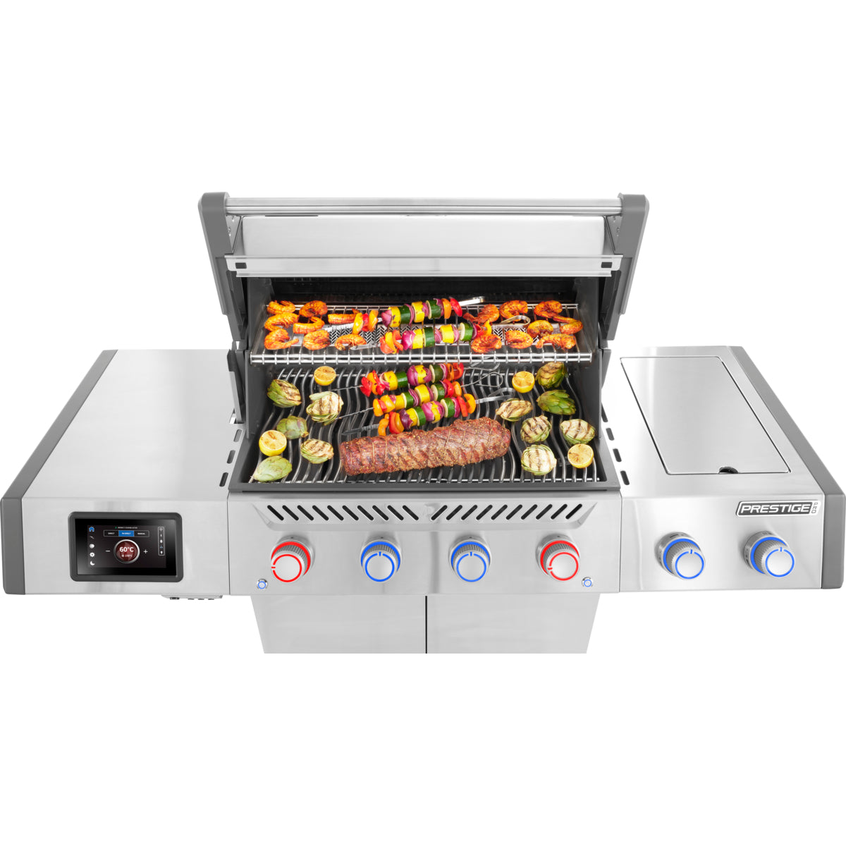 Napoleon Prestige PRO 500 Connected with the lid open, cooking indirectly at 60°C