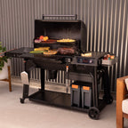 Traeger Woodridge Pro cooking a full grill of food on a patio