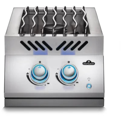 Napoleon 700 Series 12 inch drop-in dual range side burner, front view with blue-lit knobs