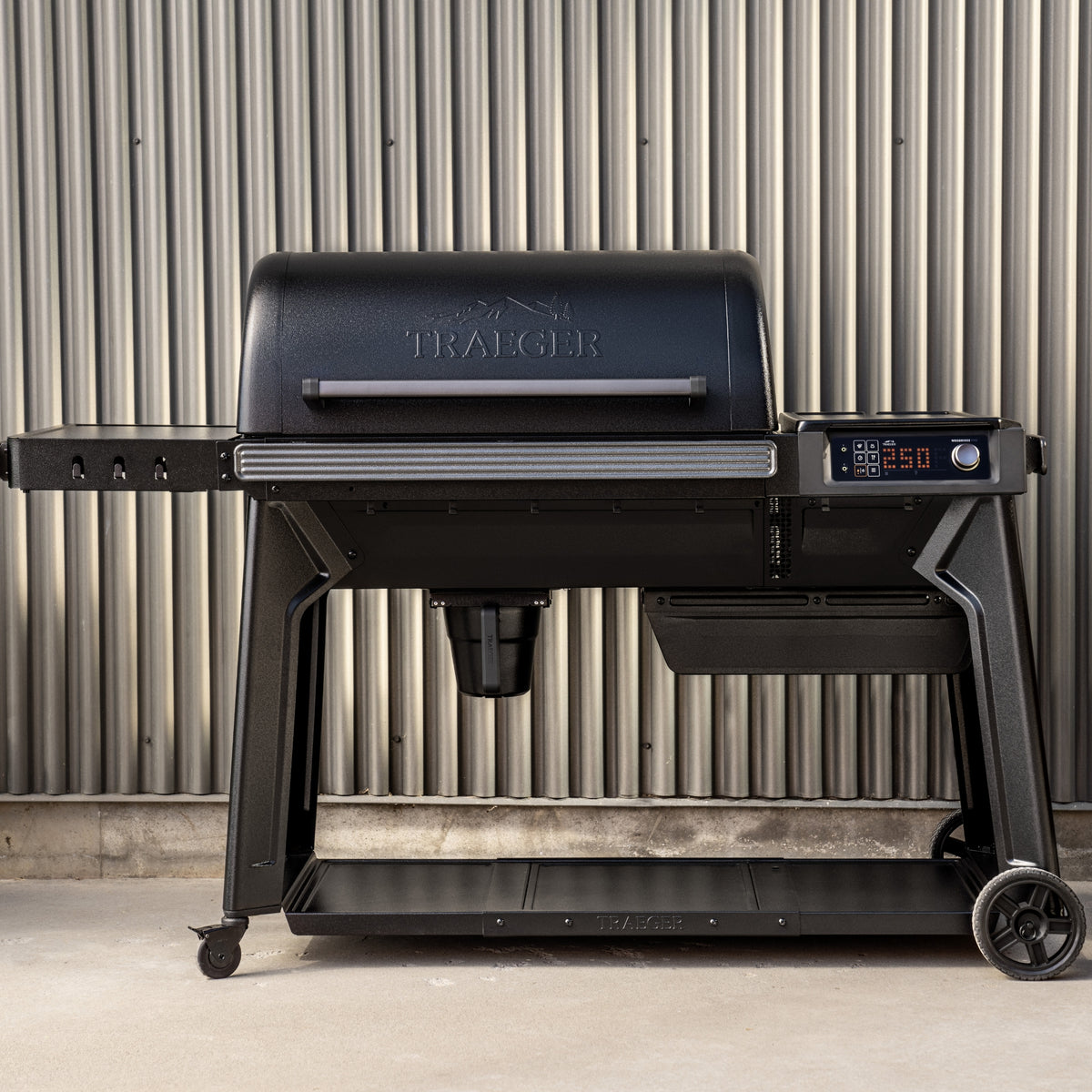 Traeger Woodridge Pro wood pellet grill on a patio