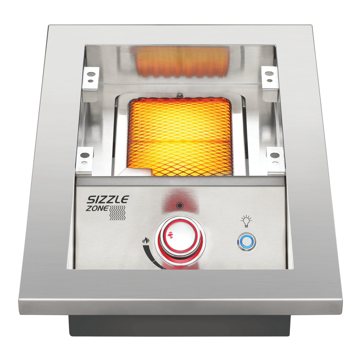 Infrared burner glowing on the Napoleon 10 inch side burner with the grid removed