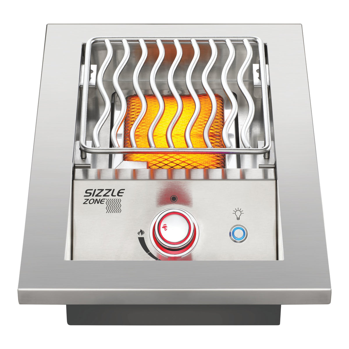 Napoleon 10 inch infrared side burner lit, with the grid in the high position