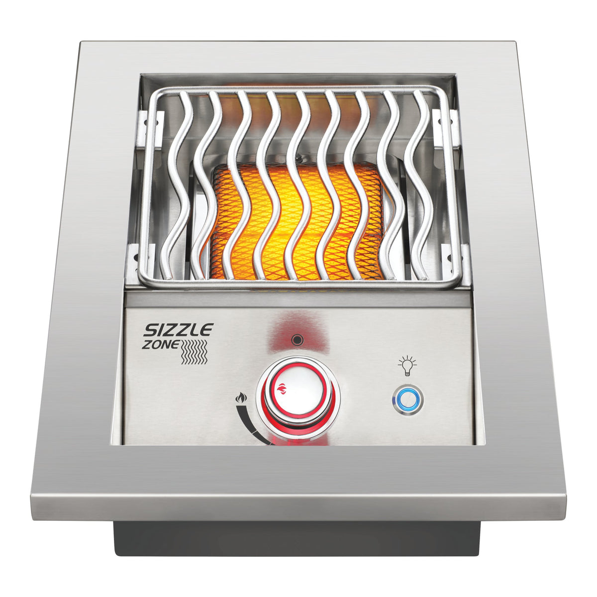 Napoleon 10 inch infrared side burner lit, with the grid in the low position
