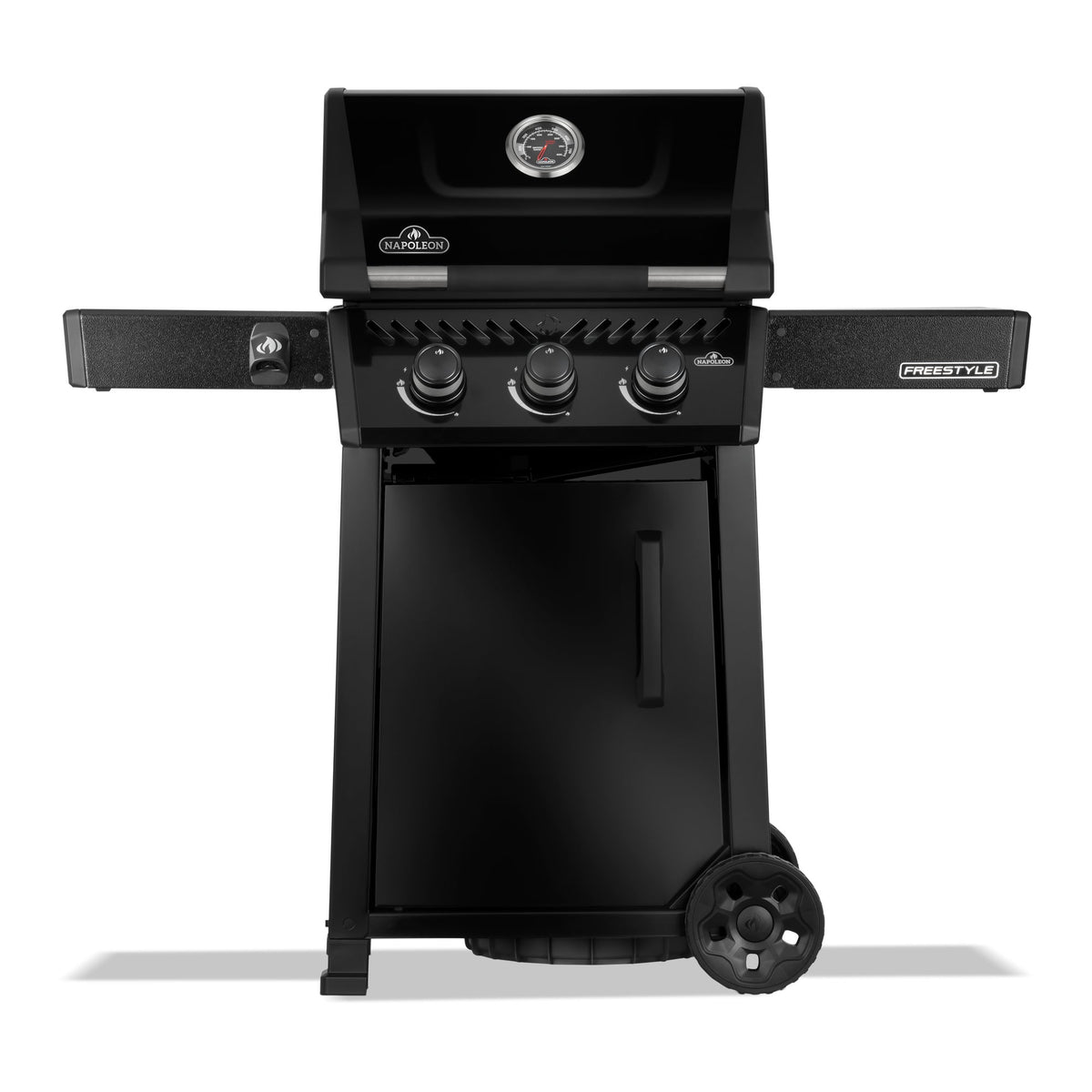 Napoleon Freestyle 365 Gas BBQ in black with cabinet door, front view