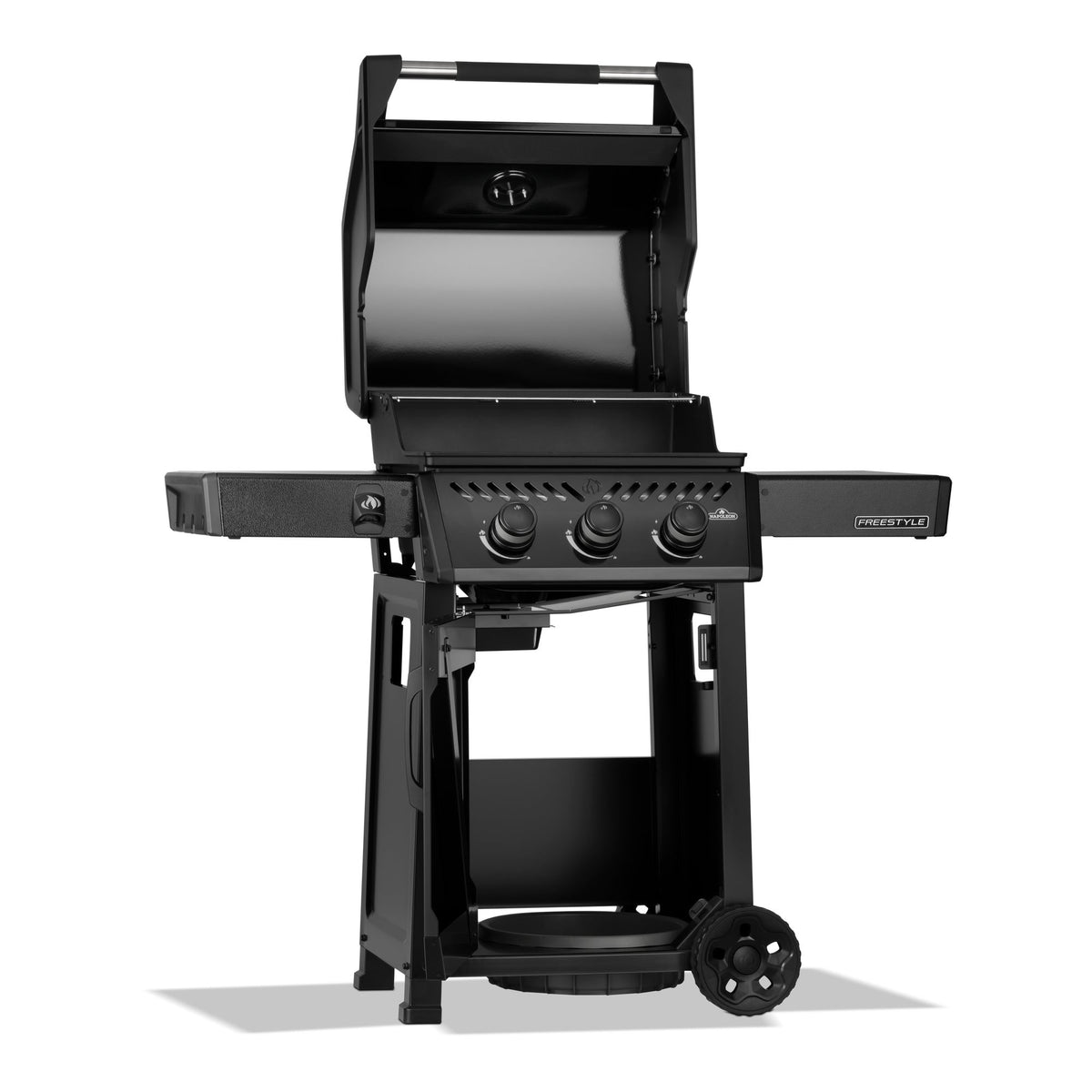 Napoleon Freestyle 365 Gas BBQ with the lid and cabinet door open