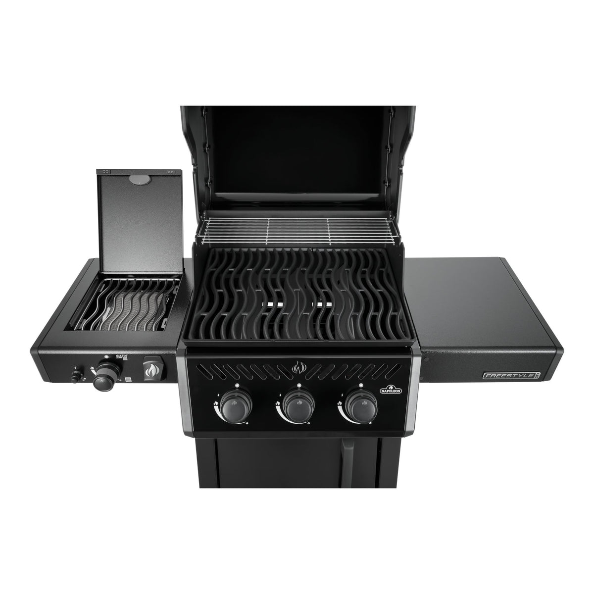 Napoleon Freestyle 365 SIB Gas BBQ from above with the lid open, showing the grids and infrared side burner