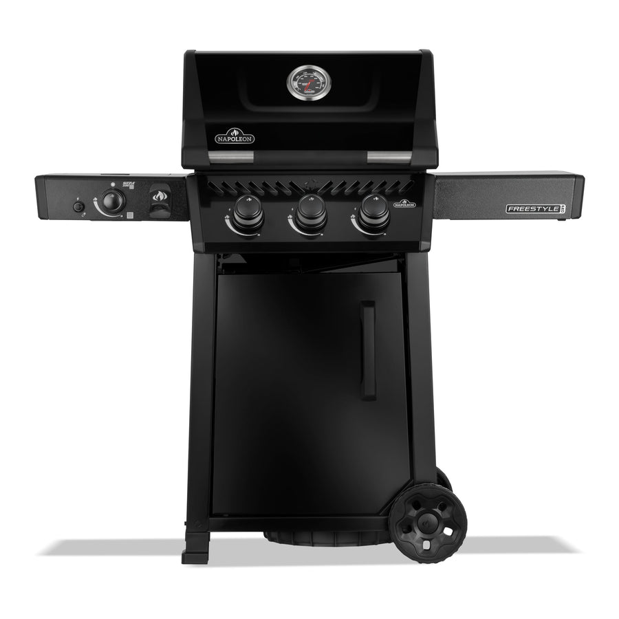 Napoleon Freestyle 365 SIB Gas BBQ in black with infrared side burner, front view