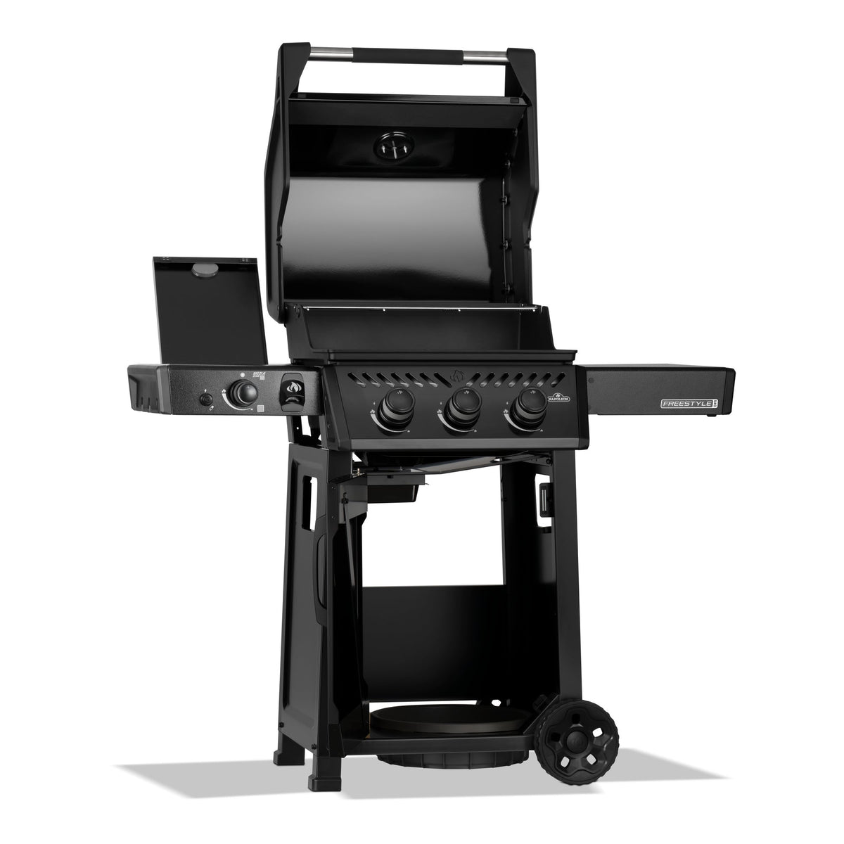 Napoleon Freestyle 365 SIB Gas BBQ with the lid, side burner and cabinet door open