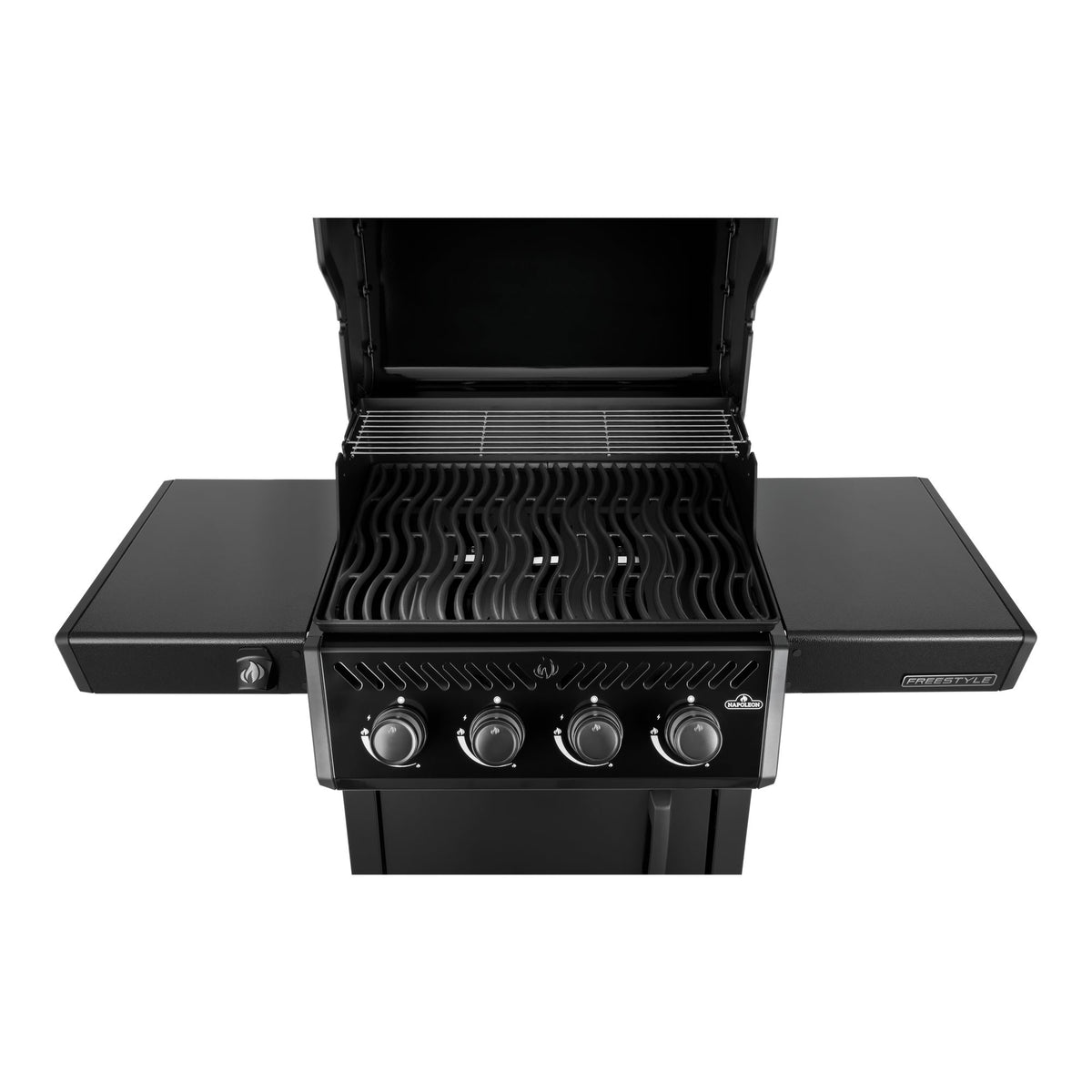 Napoleon Freestyle 425 Gas BBQ from above with the lid open, showing the cooking grids