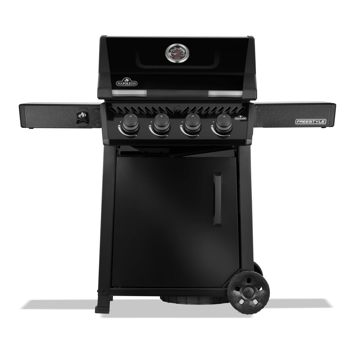 Napoleon Freestyle 425 Gas BBQ in black with cabinet door, front view