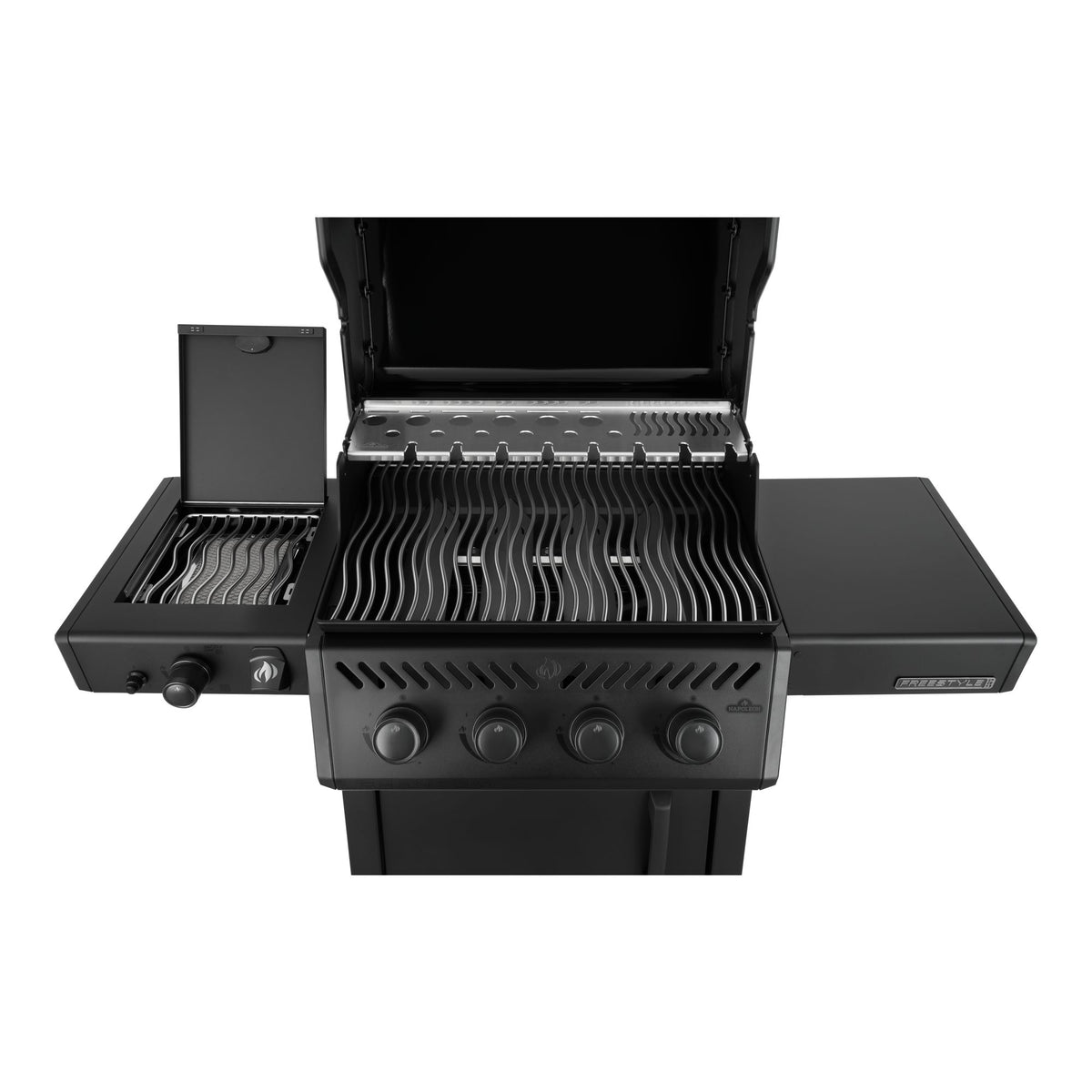 Napoleon Freestyle 425 Phantom Gas BBQ from above with the lid open, showing the grids and side burner