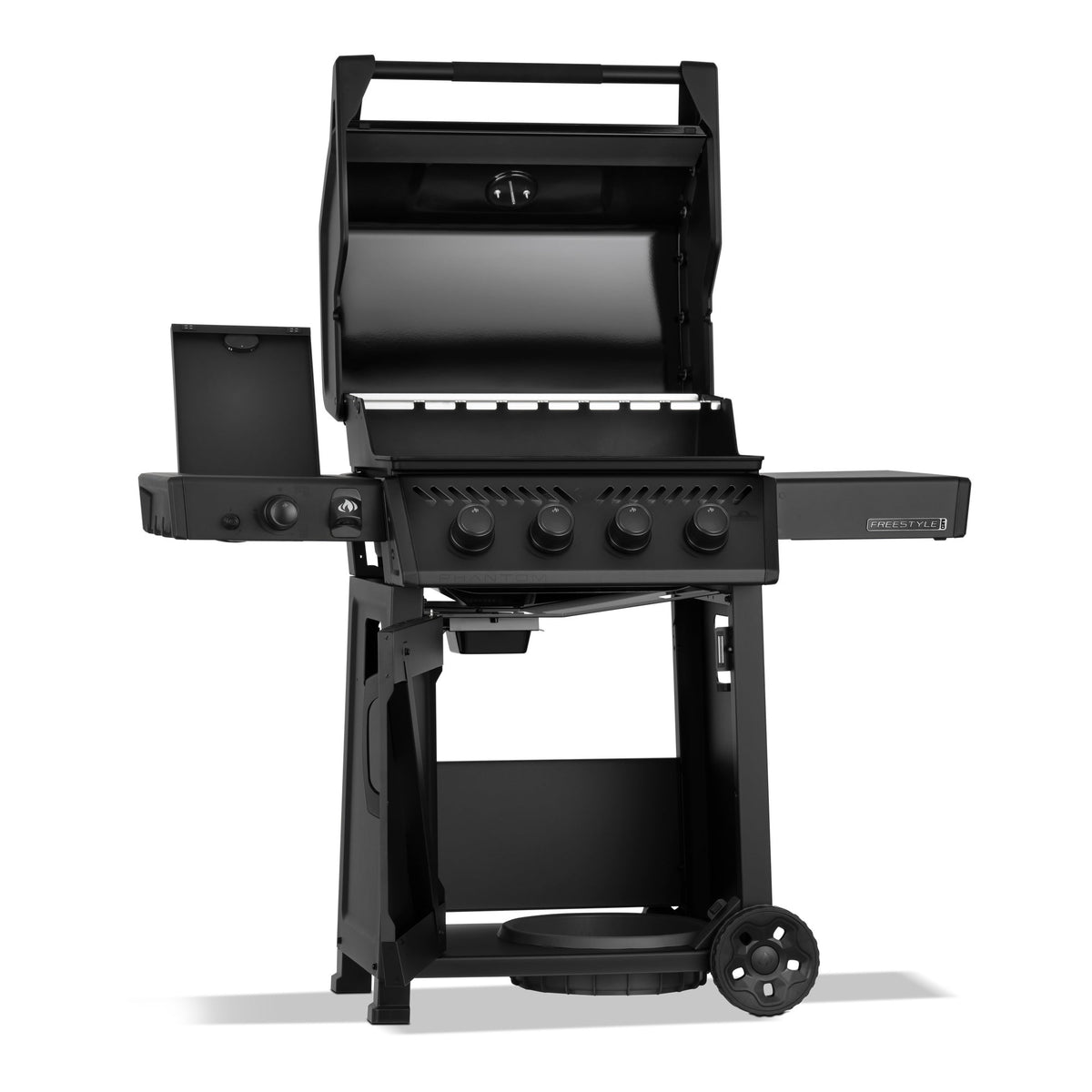 Napoleon Freestyle 425 Phantom Gas BBQ with the lid, side burner and cabinet door open