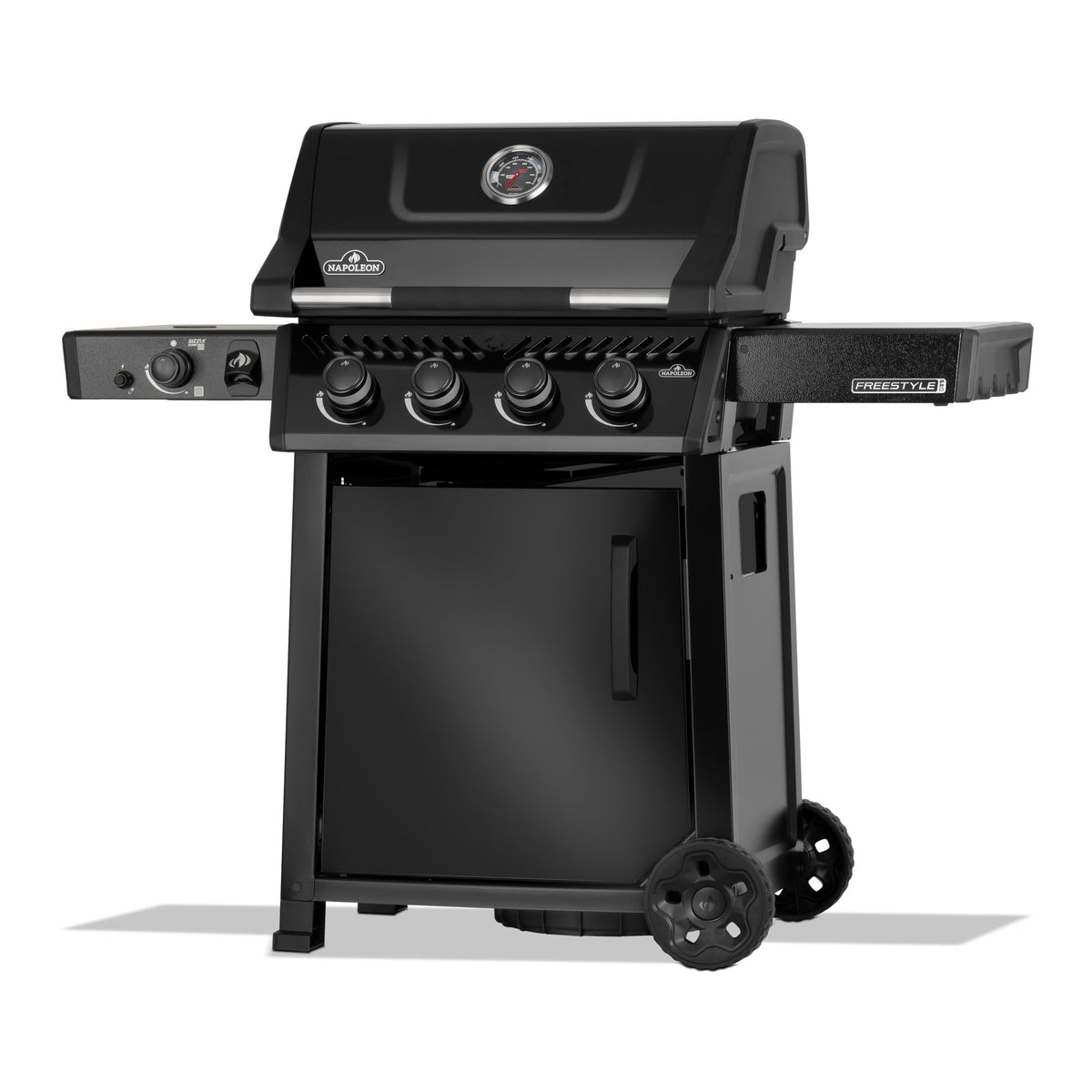 Napoleon Freestyle 425 SIB Gas BBQ, angled view from the left showing the side burner