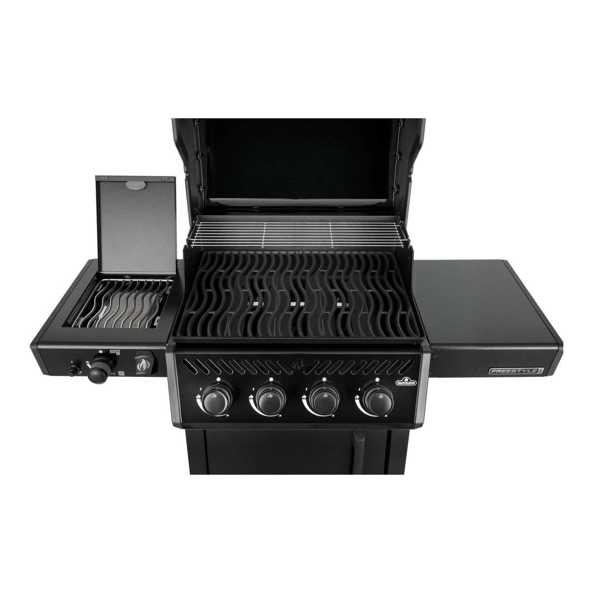 Napoleon Freestyle 425 SIB Gas BBQ from above with the lid open, showing the grids and infrared side burner