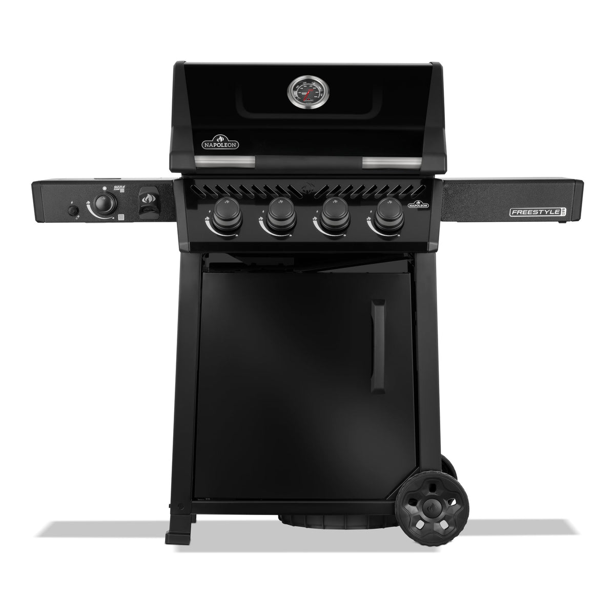 Napoleon Freestyle 425 SIB Gas BBQ in black with infrared side burner, front view