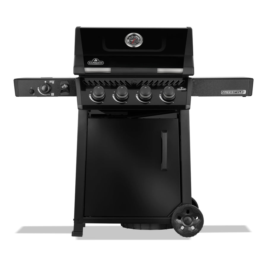 Napoleon Freestyle 425 SIB Gas BBQ in black with infrared side burner, front view