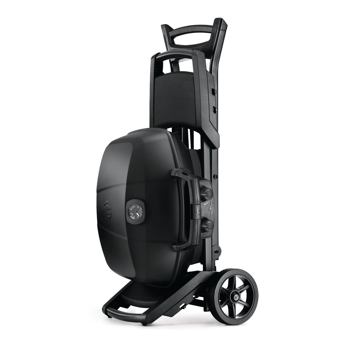 Napoleon Phantom TravelQ PRO285X folded upright on its wheels for storage