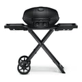 Napoleon Phantom TravelQ PRO285X portable gas grill in matt black on its scissor stand, front view