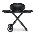Napoleon Phantom TravelQ PRO285X portable gas grill in matt black on its scissor stand, front view