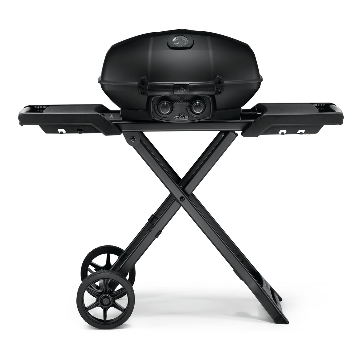 Napoleon Phantom TravelQ PRO285X portable gas grill in matt black on its scissor stand, front view