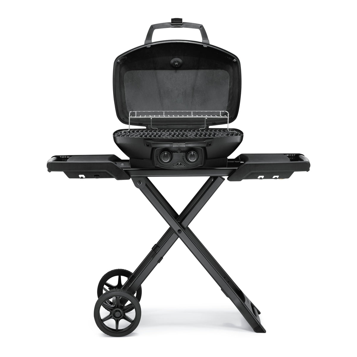 Napoleon Phantom TravelQ PRO285X with the lid open, showing the grids and warming rack
