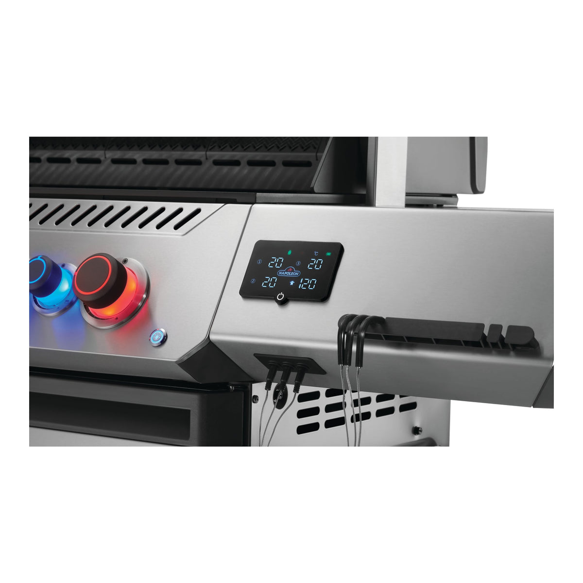 LCD temperature display, probe ports and backlit knobs on the Napoleon Prestige 500 Connected
